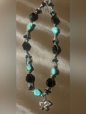 Turquoise and Black Beaded Necklace with Elephant Pendant